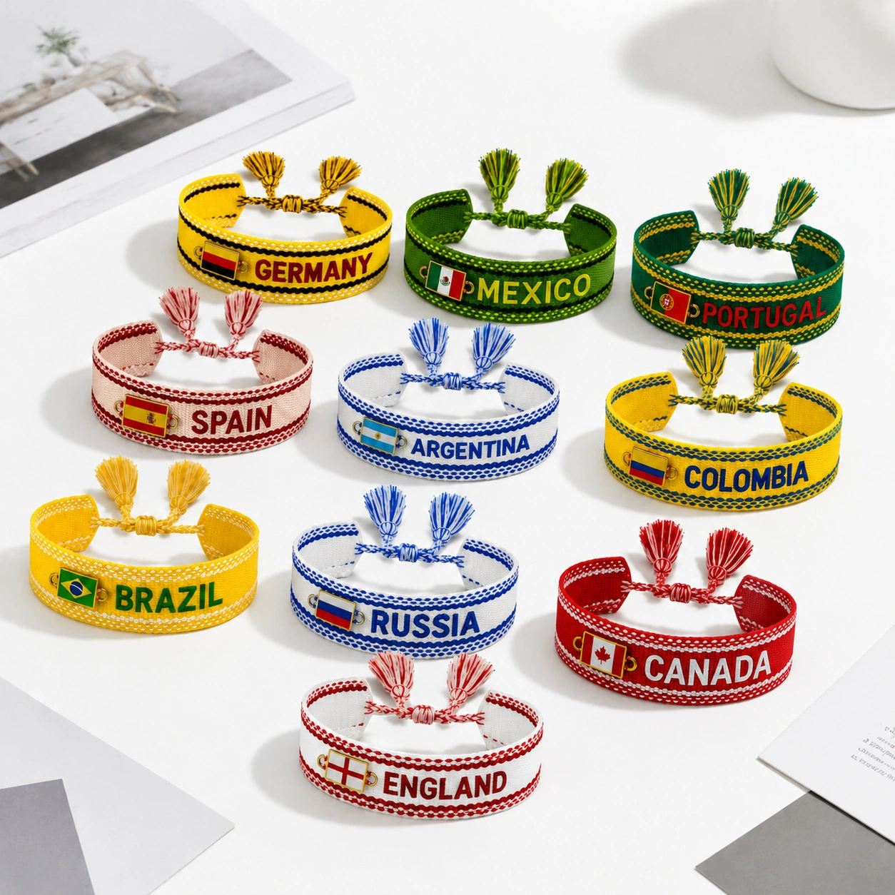 Colorful embroidered country bracelets with adjustable tassel closures